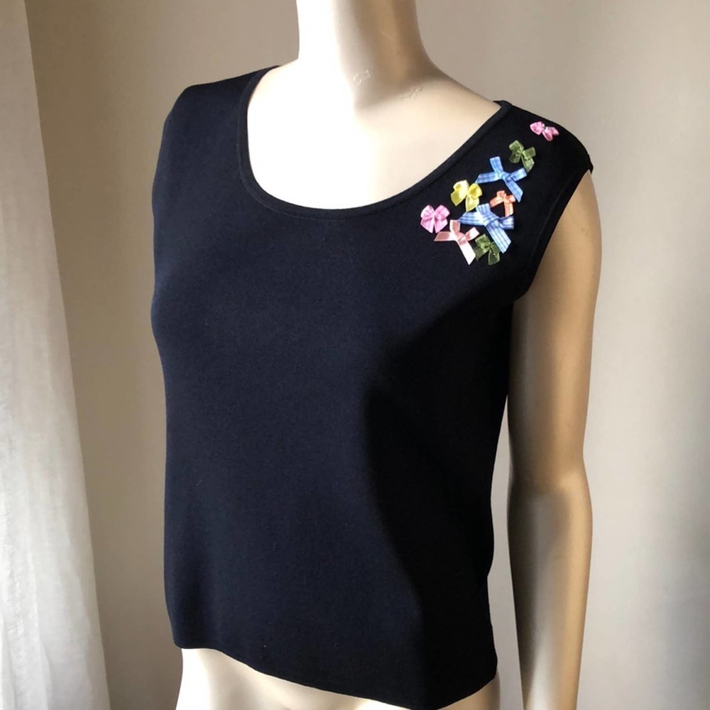 Vintage Joseph A. Black Tank Top with Colorful Ribbon Bow Appliqué Details -  XL